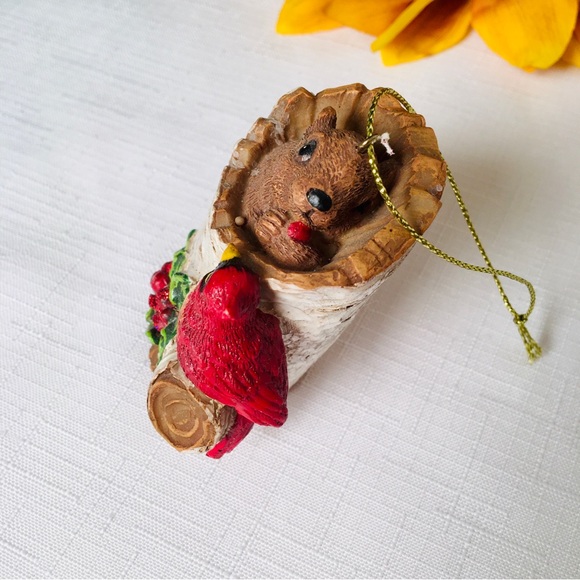 Christmas Ornament Squirrel & Cardinal on a Tree Trunk - Picture 6 of 6